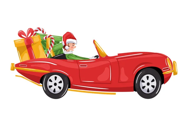 Santa Claus Elfo Dirigindo Retro Cartoon Velho Carro Clássico Carregando — Vetor de Stock
