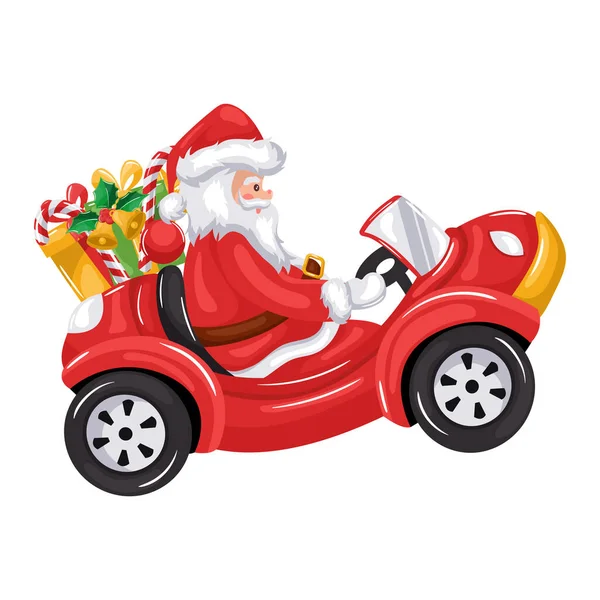 Santa Claus Jazdy Samochód Kreskówki Dostarczanie Prezentów Dla Wesołych Świąt — Wektor stockowy