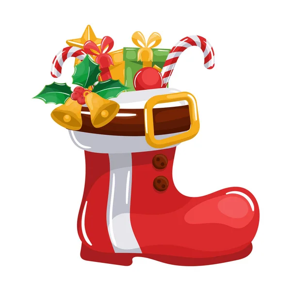 stock vector Santa claus boot, with Christmas decorations, bells, holly leaves, gifts, candy cane for merry christmas card