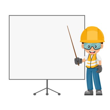Industrial worker with personal safety equipment giving a talk or industrial safety training. Engineer in a presentation with space for text