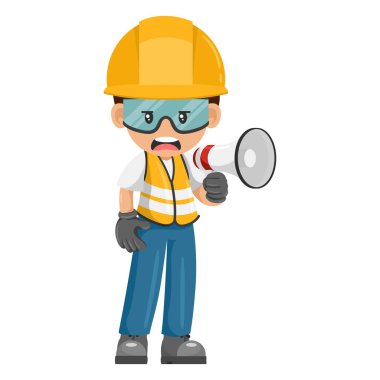 Annoyed industrial construction worker making an announcement with a megaphone. Construction supervisor engineer with personal protective equipment. Industrial safety and occupational health at work