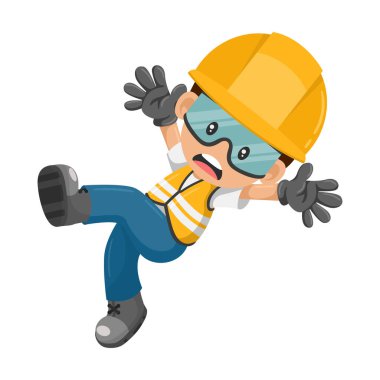 Industrial worker with his personal protection equipment slipping or having a fall. Industrial safety and occupational health at work clipart