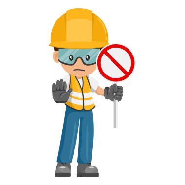Industrial worker with prohibited sign making a stop sign. Worker with his personal protective equipment. Industrial safety and occupational health at work