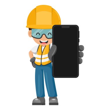 Industrial worker with his personal protective equipment with mobile phone. Industrial safety and occupational health at work