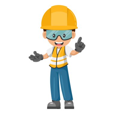 Industrial worker with his personal protective equipment pointing his finger. Expressing an idea and indicating with the index finger. Industrial safety and occupational health at work