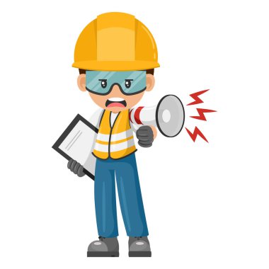 Industrial worker with thumb up making an announcement with a megaphone. Construction supervising engineer with personal protective equipment. Industrial safety and occupational health at work