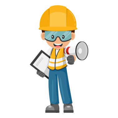 Industrial worker making an announcement with a megaphone with notepad. Construction supervisor engineer with personal protective equipment. Industrial safety and occupational health at work