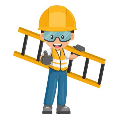 Industrial worker carrying a ladder with thumb up. Supervisor with personal protective equipment. Industrial safety and occupational health at work