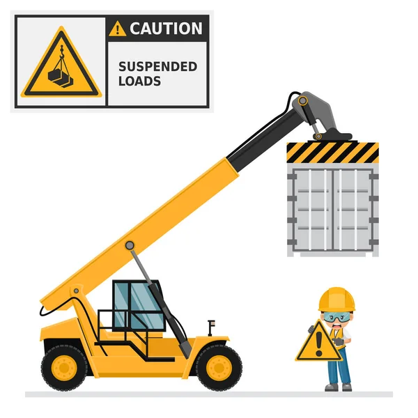 Reach Stacker Lifting Container Port Machinery Container Carrier Warning Overhead — Stock Vector