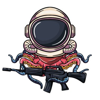 Cartoon comics character octopus cyborg explorer in astronaut suit with a machine gun. Illustration for fantasy, science fiction and adventure comics