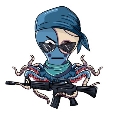 Modern makineli tüfekli asker robot ahtapot karakteri. Fantezi, bilim kurgu ve macera çizgi romanları için illüstrasyon