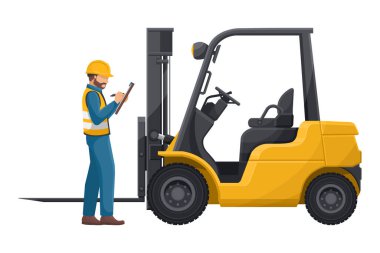 Endüstri müfettişi bir asansör aracını inceliyor. Endüstriyel forkliftin önleyici bakımı. Endüstriyel depolama ve dağıtım. Endüstriyel Güvenlik