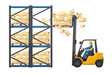 Forklift kazası. Çatal kaldırma kamyonu depodaki rafa çarpmış ve kutuları paletten düşürmüş. Forklift sürüş emniyeti. Önce güvenlik. Endüstriyel Güvenlik ve İş Sağlığı