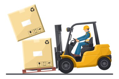 Forklift kullanmanın tehlikeleri. Forklift kamyonuna kutular düşen bir kazada sanayi işçisi. Bir depoda iş kazası. Önce güvenlik. Endüstriyel Güvenlik ve İş Sağlığı