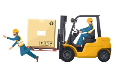 Bir işçiye kazada forklift kullanan sanayi işçisi. Forklift trafiği için tehlike ve uyarı işareti. Bir depoda iş kazası. Önce güvenlik. Endüstriyel Güvenlik ve İş Sağlığı