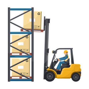 Güvenli bir şekilde forklift kullanıyorum. Çatal kaldırma kamyonu, kutularla birlikte endüstriyel depo rafına palet kaldırıyor. Forklift sürüş emniyeti. Önce güvenlik. Endüstriyel depolama ve ürün dağıtımı
