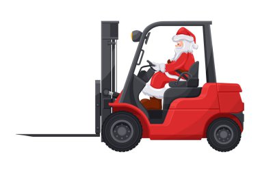 Noel Baba kırmızı bir forklift kullanıyor. Asansörü kullanırken güvenlik. Noel için kargo lojistiği ve yüksek talep mallarının nakliyesi için Noel kampanyası