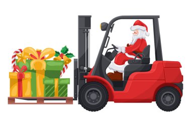 Noel Baba hediye kutularıyla kırmızı bir forklift kullanıyor. Bir palette şeker kamışı var. Noel için kargo lojistiği ve yüksek talep mallarının nakliyesi için Noel kampanyası