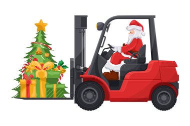 Noel Baba kırmızı bir forklift kullanıyor. Noel ağacı, hediye kutuları, şeker kamışları. Noel için kargo lojistiği ve yüksek talep mallarının nakliyesi için Noel kampanyası