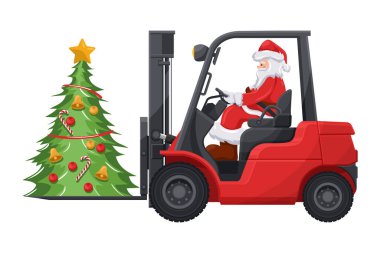 Noel Baba Noel ağacını yüklerken kırmızı bir forklift kullanıyor. Forklift kullanırken güvenlik. Noel için kargo lojistiği ve yüksek talep mallarının nakliyesi için Noel kampanyası