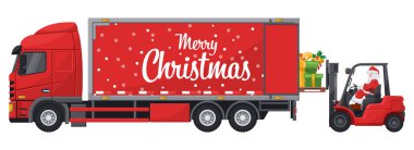 Noel Baba dağıtım için hediye kutularını kamyona yükleyen kırmızı bir forklift kullanıyor. Noel için kargo lojistiği ve yüksek talep mallarının nakliyesi için Noel kampanyası
