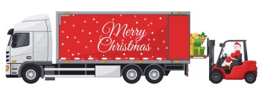 Noel Baba dağıtım için hediye kutularını kamyona yükleyen kırmızı bir forklift kullanıyor. Noel için kargo lojistiği ve yüksek talep mallarının nakliyesi için Noel kampanyası