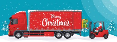Noel Baba hediyeleri kar kaplı bir kamyona forkliftle yüklüyor. Noel gecesi manzarası. Noel için kargo lojistiği ve yüksek talep mallarının nakliyesi için Noel kampanyası