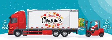 Noel Baba forklift kullanıyor. Konteynır kamyonuna hediyeler yüklüyorum. Noel gecesi manzarası. Noel için kargo lojistiği ve yüksek talep mallarının nakliyesi için Noel kampanyası