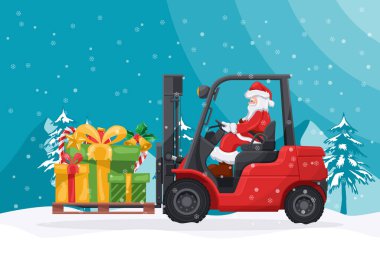 Noel Baba hediye kutularıyla kırmızı bir forklift kullanıyor. Bir palette şeker kamışı var. Noel için kargo lojistiği ve yüksek talep mallarının nakliyesi için Noel kampanyası