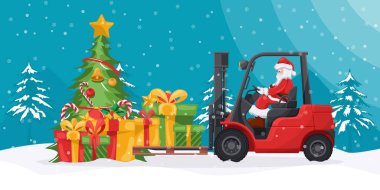 Noel Baba, karlı bir kış gecesinde forklift sürüp hediyeler yüklüyor. Noel için kargo lojistiği ve yüksek talep mallarının nakliyesi için Noel kampanyası
