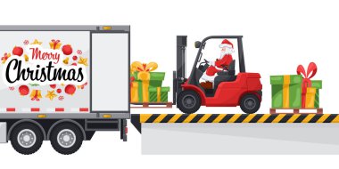 Noel Baba yükleme ve boşaltma rıhtımındaki bir konteynır kamyonuna forklift sürüyor. Noel mevsimi için kargo lojistiği ve yüksek talep malları sevkiyatı kavramı