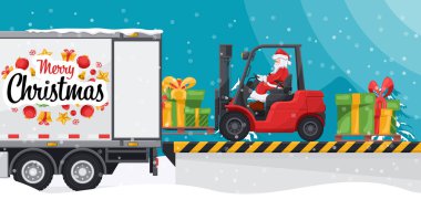 Noel Baba forklift kullanıyor. Yükleme ve boşaltma rıhtımındaki bir konteynır kamyonuna hediyeler yüklüyorum. Noel mevsimi için kargo lojistiği ve yüksek talep malları sevkiyatı kavramı