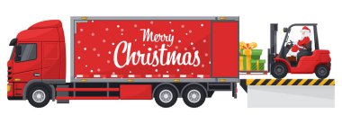 Noel Baba yükleme ve boşaltma rıhtımındaki bir konteynır kamyonuna forklift sürüyor. Noel mevsimi için kargo lojistiği ve yüksek talep malları sevkiyatı kavramı