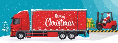 Noel Baba forklift kullanıyor. Yükleme ve boşaltma rıhtımındaki bir konteynır kamyonuna hediyeler yüklüyorum. Noel mevsimi için kargo lojistiği ve yüksek talep malları sevkiyatı kavramı