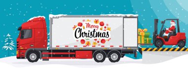 Noel Baba forklift kullanıyor. Yükleme ve boşaltma rıhtımındaki bir konteynır kamyonuna hediyeler yüklüyorum. Noel mevsimi için kargo lojistiği ve yüksek talep malları sevkiyatı kavramı