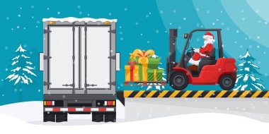 Noel Baba forklift kullanıyor. Yükleme ve boşaltma rıhtımındaki bir konteynır kamyonuna hediyeler yüklüyorum. Noel mevsimi için kargo lojistiği ve yüksek talep malları sevkiyatı kavramı