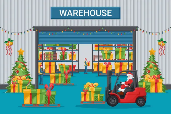 Depo ışıklarla süslenmiş ve Noel ağacı hediye kutularıyla süslenmiş. Noel Baba forklift kullanıyor. Kargo lojistiği ve yüksek talep mallarının nakliyesi için Noel kampanyası