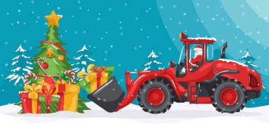 Noel Baba Noel ağacına hediyeler taşıyan bir yükleyiciyi sürüyor. Karlı Noel manzarası. Yeni yılın başlangıcını kutluyoruz. İnşaat endüstrisinde ağır makineler