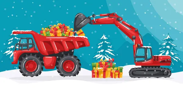Tırtıl kazıcısı Noel hediyelerini bir maden kamyonuna yüklüyor. Karlı Noel manzarası. Yeni yılın başlangıcını kutluyoruz. İnşaat endüstrisinde ağır makineler