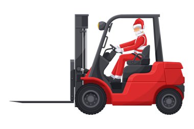 Noel Baba kırmızı bir forklift kullanıyor. Asansörü kullanırken güvenlik. Noel için kargo lojistiği ve yüksek talep mallarının nakliyesi için Noel kampanyası