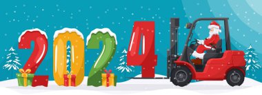 Noel Baba hediyeleri kar kaplı bir kamyona forkliftle yüklüyor. Noel gecesi manzarası. Noel için kargo lojistiği ve yüksek talep mallarının nakliyesi için Noel kampanyası