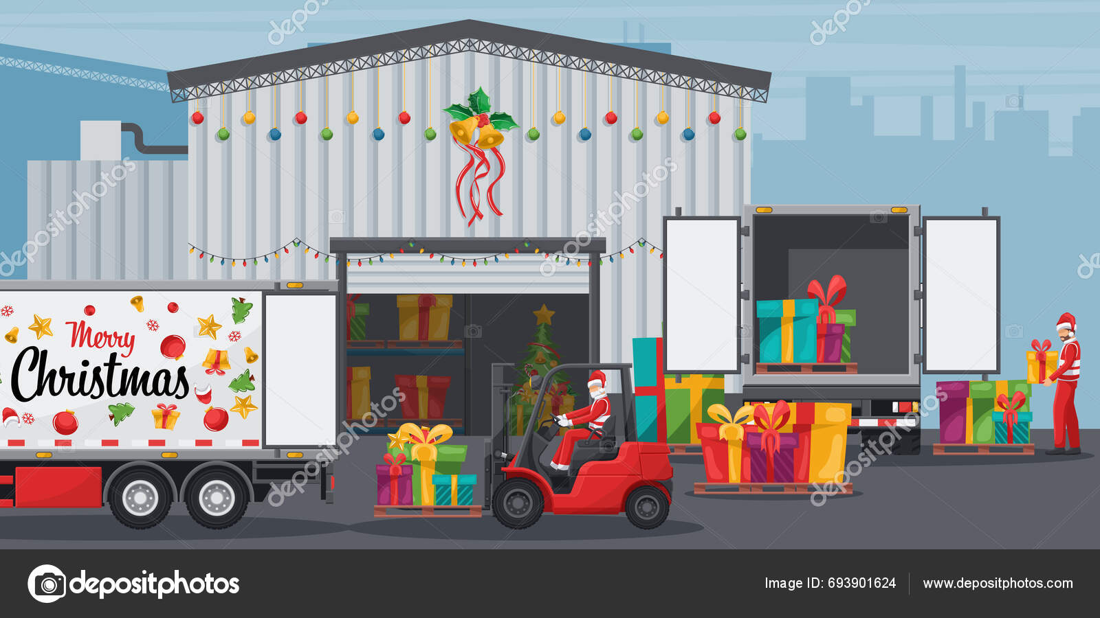 Exterior Warehouse Decorated Christmas Lights Santa Claus Driving ...