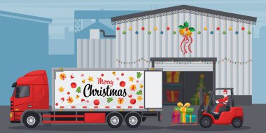 Yılbaşı ışıklarıyla dekore edilmiş bir deponun dışı. Noel Baba konteynır kamyonuna forklift yüklüyor. Kargo lojistiği ve mal sevkiyatı için Noel kampanyası