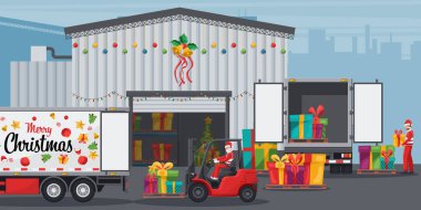 Yılbaşı ışıklarıyla dekore edilmiş bir deponun dışı. Noel Baba forklift kullanıyor hediye kutularını konteynır kamyonuna yüklüyor. Kargo lojistiği ve mal sevkiyatı için Noel kampanyası
