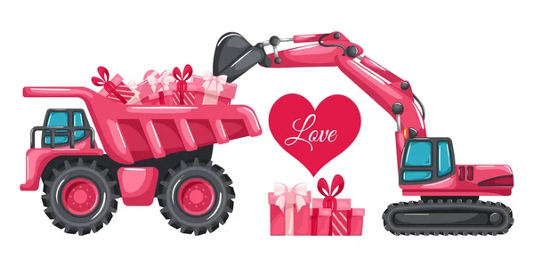 Pink Caterpillar Excavator Cartoon Loading Boxes Gifts Pink Mining Truck — Stock Vector