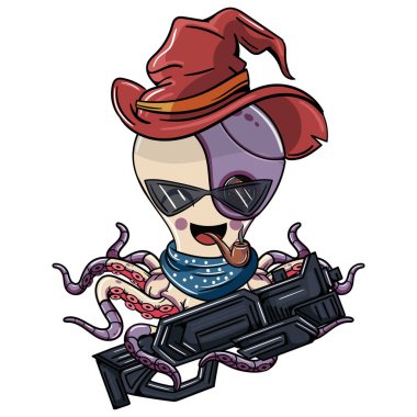 Ahtapot çizgi roman sayborgu, kırmızı cadı şapkalı, gözlüklü pipo içiyor ve robotik dokunaçlarında fütürist bir silah var. Fantezi, bilim kurgu ve macera çizgi romanları için illüstrasyon