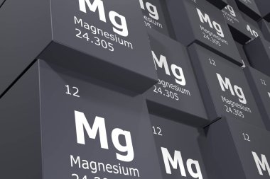 Magnesium, 3D rendering background of cubes of symbols of the elements of the periodic table, atomic number, atomic weight, name and symbol. Education, science and technology. 3D illustration clipart