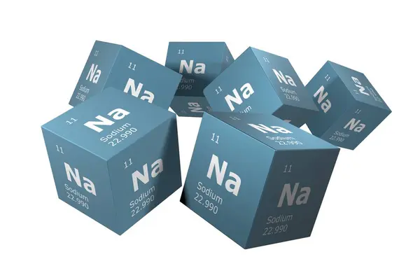 Sodium, 3D rendering of symbols of the elements of the periodic table, atomic number, atomic weight, name and symbol. Education, science and technology. 3D illustration