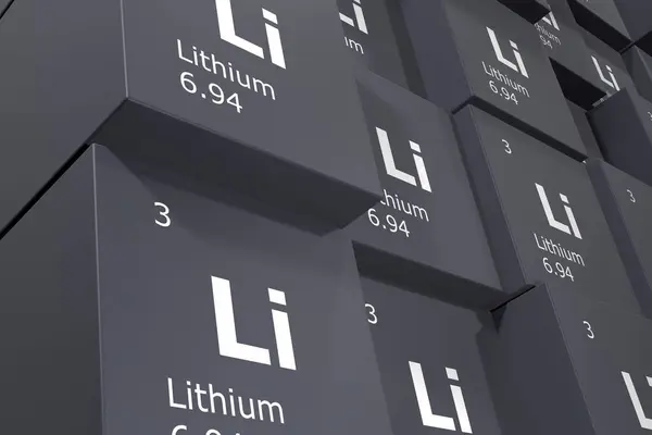 Lithium Rendering Hintergrund Von Würfeln Mit Symbolen Der Elemente Des — Stockfoto