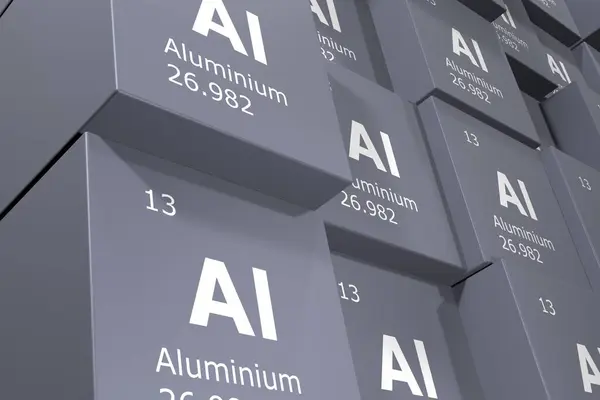Aluminium Rendering Hintergrund Von Würfeln Mit Symbolen Der Elemente Des — Stockfoto